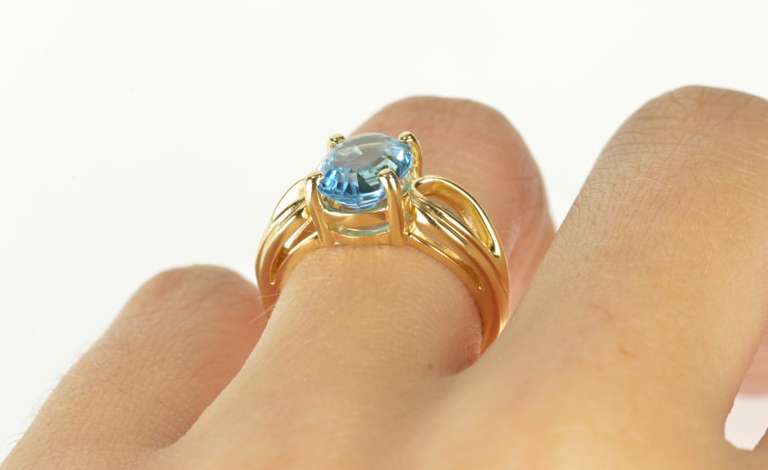 14K Yellow Gold Oval Blue Topaz Solitaire Statement Cocktail Ring
