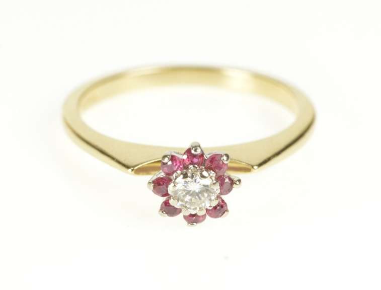 14K Yellow Gold Diamond Floral Ruby Halo Retro Engagement Ring