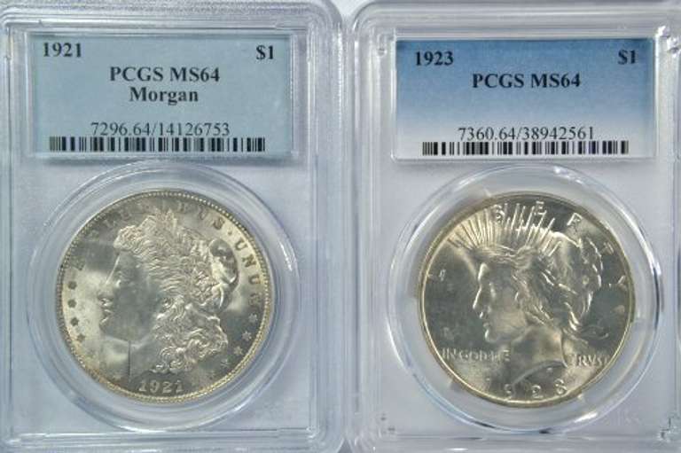 PCGS MS64 graded 1921 Morgan & 1923 Peace Silver Dollar