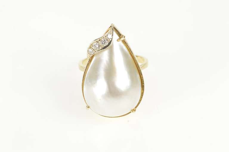 14K Yellow Gold Pear Pearl Diamond Accent Retro Statement Ring