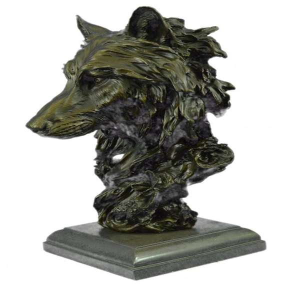 Wolf Head Bust Wild Life Figurine Marble Base Bronze Statue