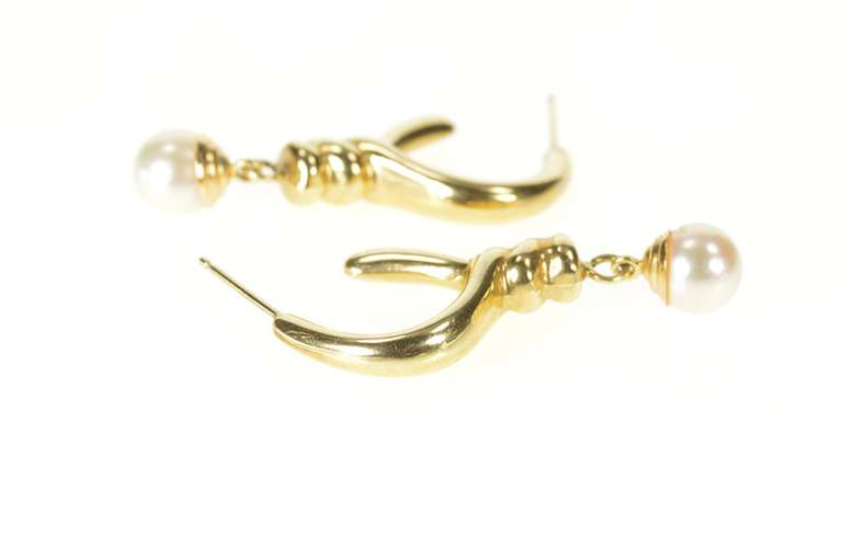14K Yellow Gold Retro Twist Semi Hoop Pearl Drop Dangle Earrings