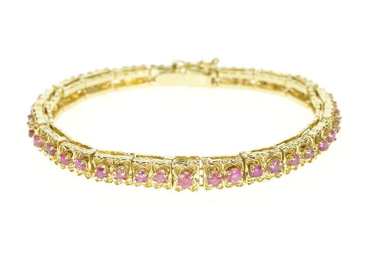14K Yellow Gold Retro Floral Link Ruby Encrusted Statement Bracelet