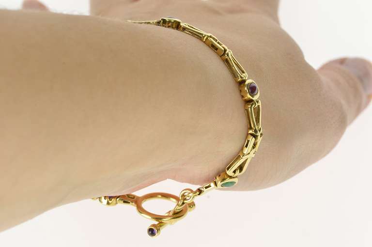 14K Yellow Gold 2.40 Ctw Ruby Emerald Sapphire Ornate Toggle Bracelet