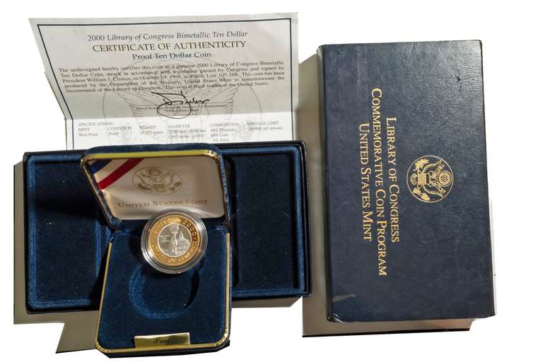 2000 Proof Bimetal Platinum &Gold LOC $10 Box & a Paper