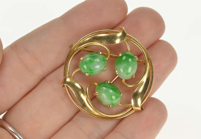 14K Yellow Gold Art Nouveau Jade Cabochon Floral Swirl Pin/Brooch