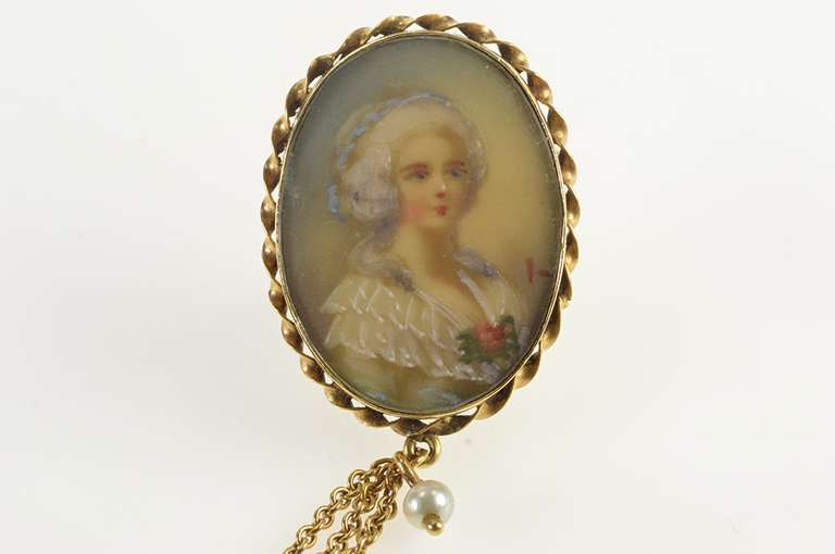 14K Yellow Gold Victorian Painted Lady Portrait Chain Pin/Brooch