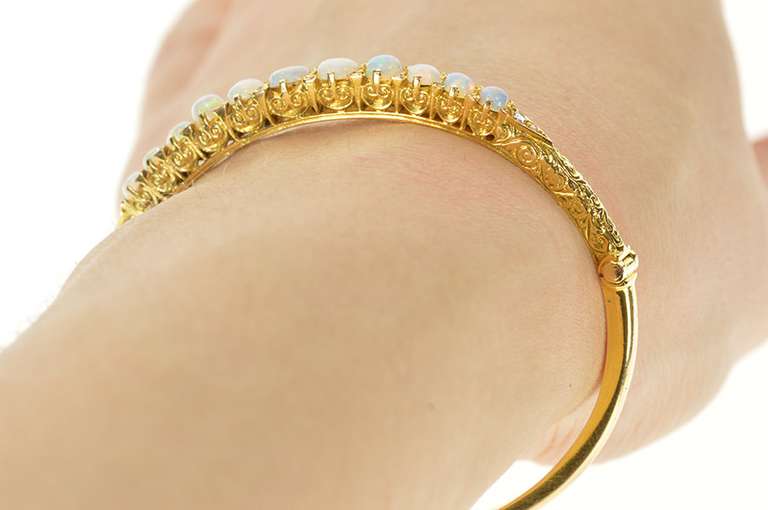 14K Yellow Gold Victorian Opal Diamond Scrollwork Bangle Bracelet