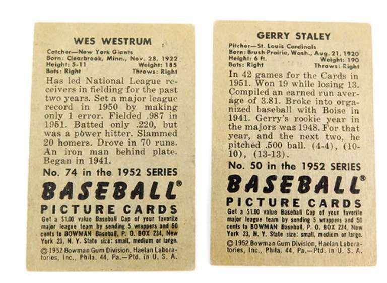 2 Bowman Gum 1952 Baseball Cards