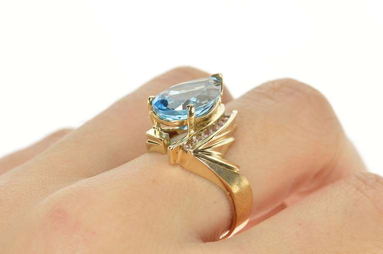 10K Yellow Gold Pear Blue Topaz Diamond Geometric Statement Ring