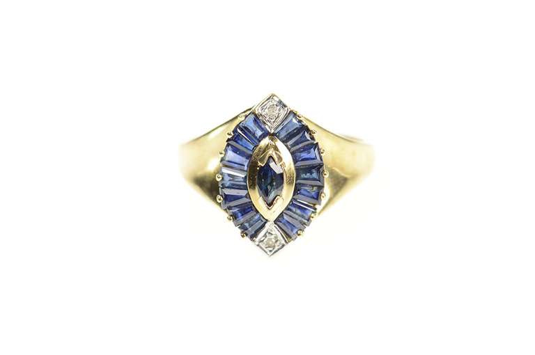 10K Yellow Gold Marquise Sapphire Diamond Accent Statement Ring