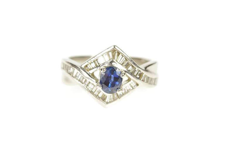 Platinum 0.97 Ctw Sapphire Diamond Baguette Engagement Ring