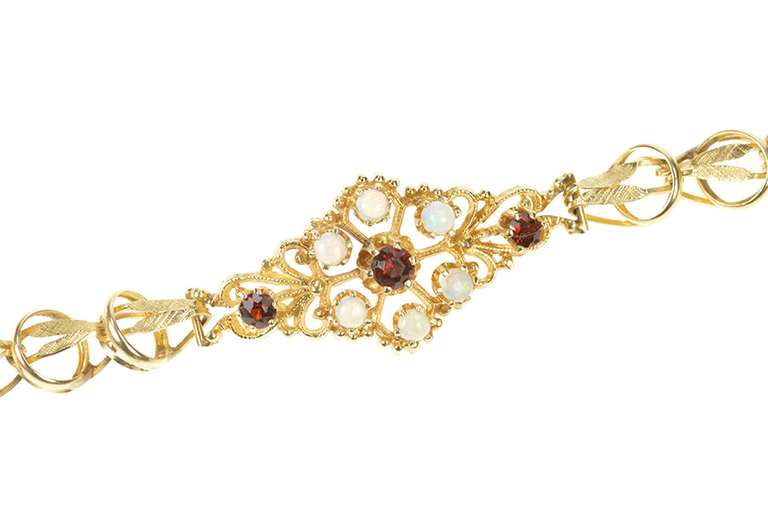 14K Yellow Gold Retro Ornate Opal Garnet Cluster Statement Bracelet