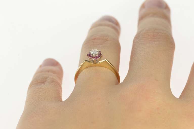 14K Yellow Gold Diamond Floral Ruby Halo Retro Engagement Ring