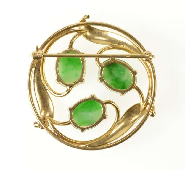 14K Yellow Gold Art Nouveau Jade Cabochon Floral Swirl Pin/Brooch