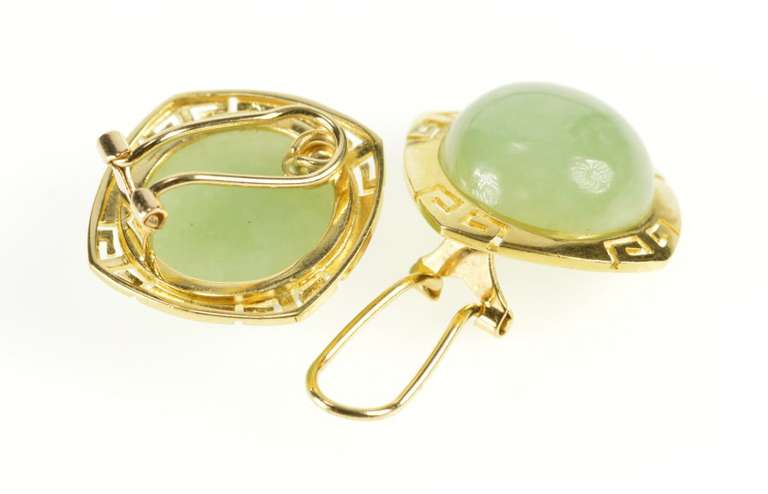 18K Yellow Gold Jade Cabochon Ornate Statement Clip Back Earrings