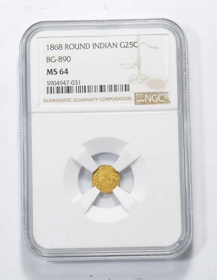 MS64 1868 1/4 Dollar Territorial Gold Round Indian Head - Graded NGC