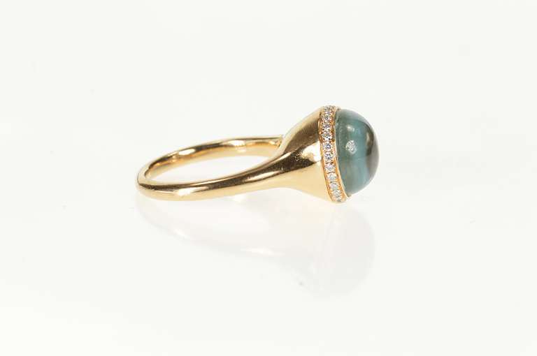 18K Yellow Gold Round Blue Topaz Cabochon Diamond Almaza Ring