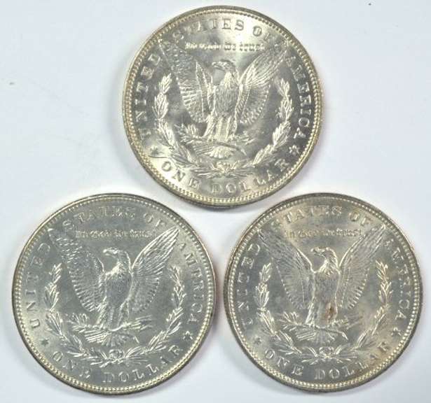 3 Diff. flashy-white BU Morgan Silver Dollars