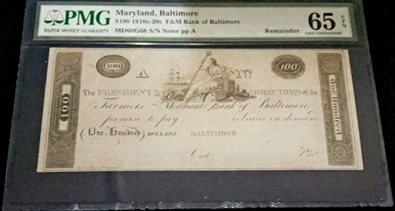Gem Crisp 1800'S $100 Note Farmers & Merchants Bank Of Baltimore Maryland!