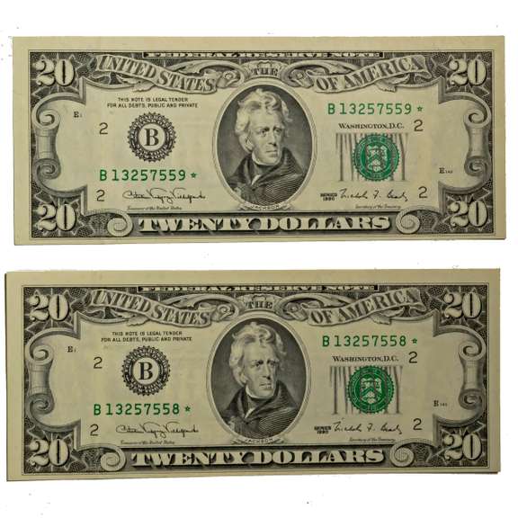 2 CR CU 1990 $20 FRN Star Notes