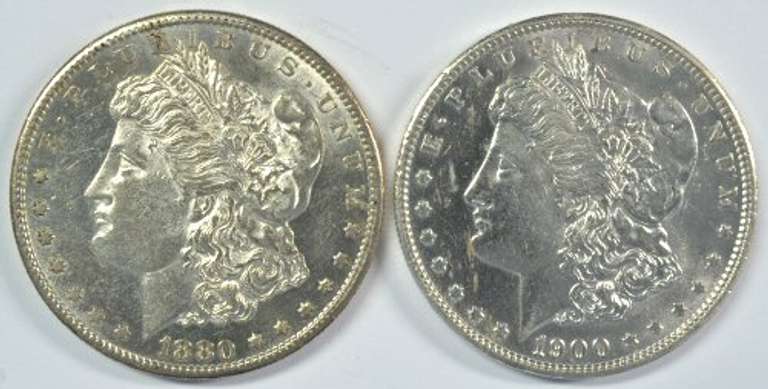 Semi-Prooflike BU 1880-S & 1900 Morgan Silver Dollars