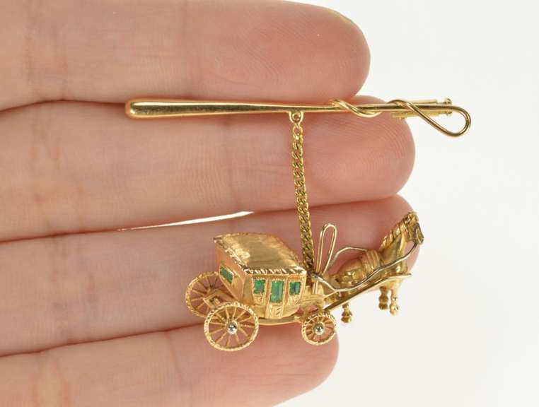 18K Yellow Gold Victorian Emerald Horse Drawn Carriage Bar Pin/Brooch
