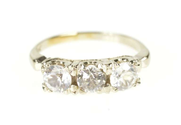 10K White Gold Three Stone Cubic Zirconia Retro Statement Ring