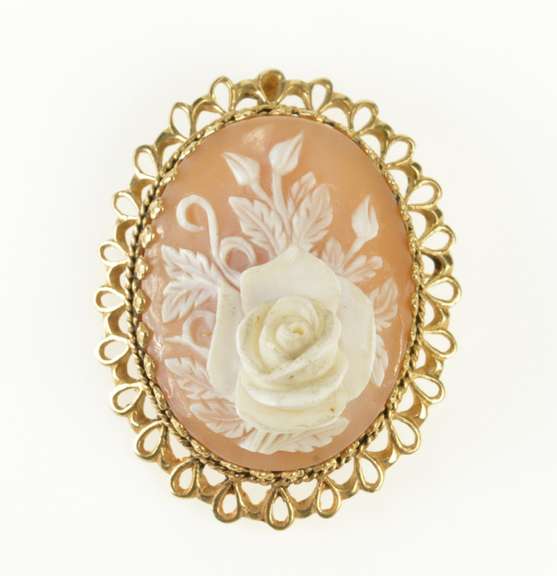 14K Yellow Gold Rose Floral Carved Shell Ornate Cameo Pendant/Pin