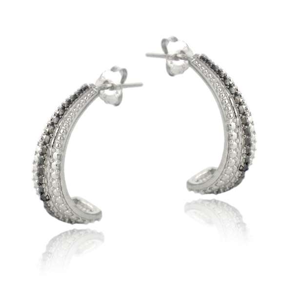 Sterling Silver Black Diamond Accent Striped Half-Hoop Earrings