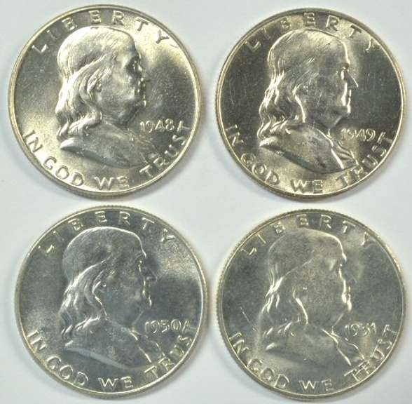 4 Diff. Choice BU Franklin Half Dollars 1948 to 1951