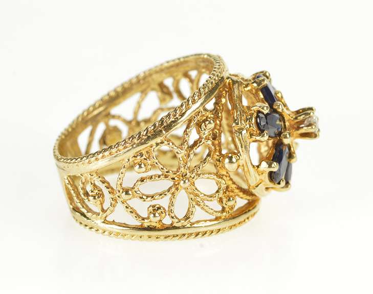 10K Yellow Gold 1.50 Ctw Floral Oval Sapphire Diamond Filigree Ring