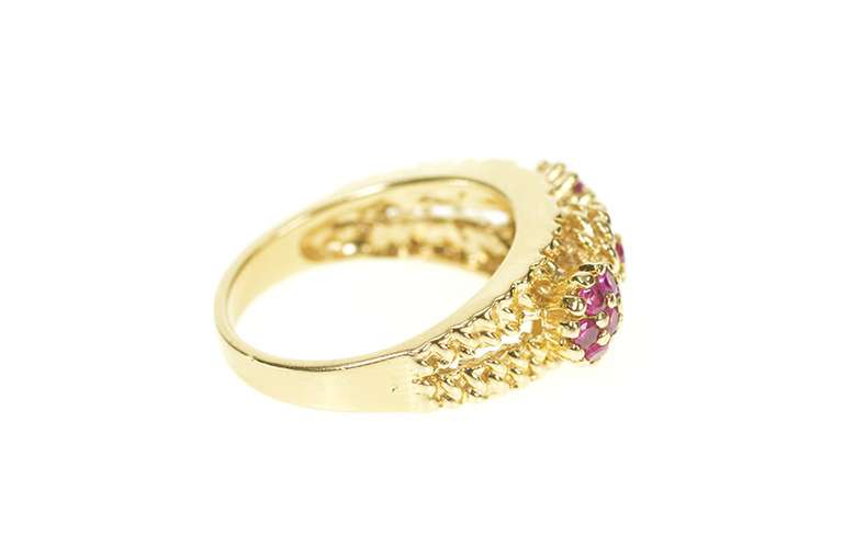 14K Yellow Gold Retro Ruby Floral Cluster Rope Statement Ring