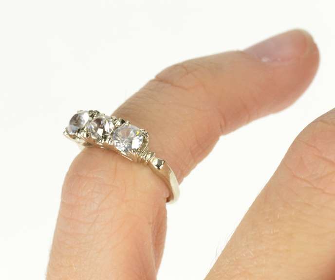10K White Gold Three Stone Cubic Zirconia Retro Statement Ring