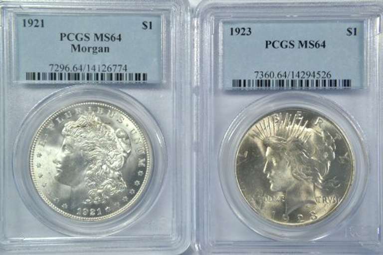 PCGS MS64 graded 1921 Morgan & 1923 Peace Silver Dollar