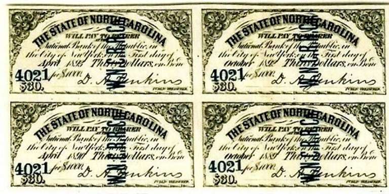 Sheet Of (4) Crisp Exceptional 1890'S $30 North Carolina Bonds!
