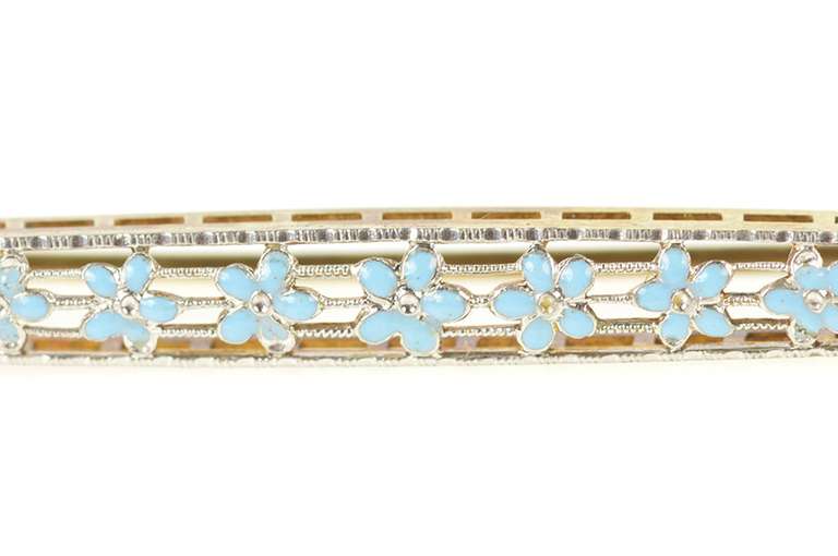 14K Yellow Gold Art Deco Blue Enamel Daisy Filigree Bar Pin/Brooch