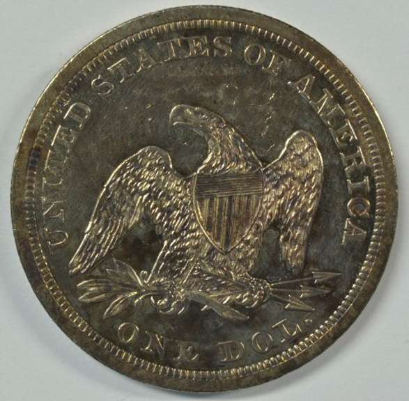 Scarce AU 1843 No Motto Liberty Seated Silver Dollar