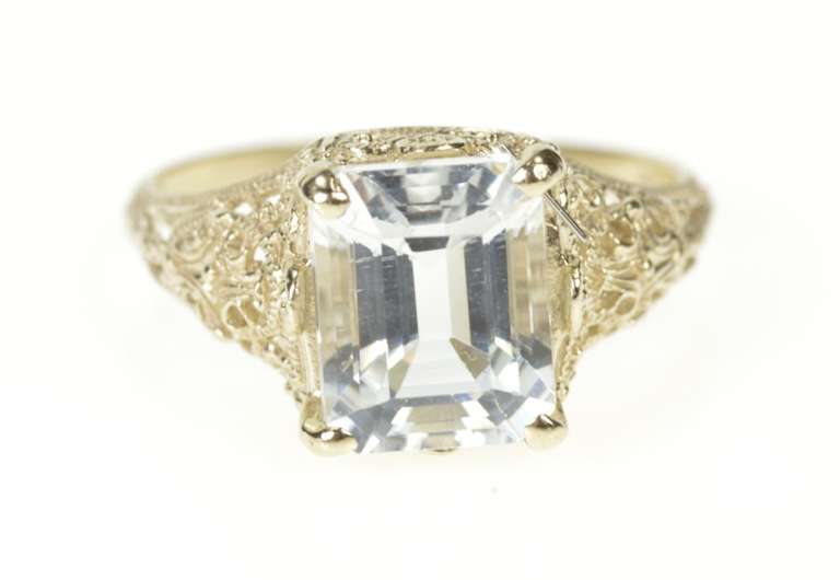 14K White Gold Blue Topaz Art Deco Filigree Statement Ring