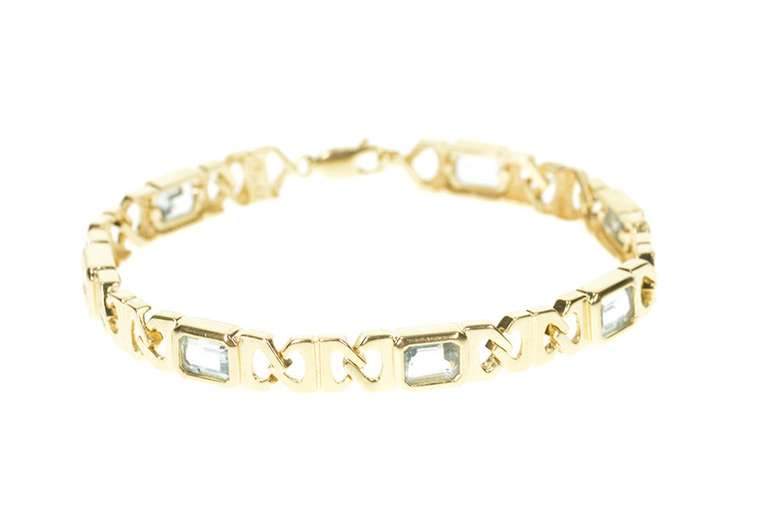 14K Yellow Gold Emerald Cut Blue Topaz Squared Chain Bracelet