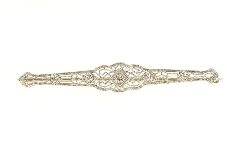 14K White Gold Art Deco Geometric Filigree Diamond Bar Pin/Brooch