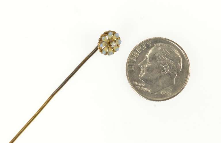 14K Yellow Gold Victorian Seed Pearl Blue Enamel Flower Stick Pin