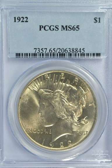 Gem BU 1922 Peace Silver Dollar. PCGS MS65