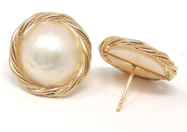 Elegant Yellow Gold Mabe Pearl Rope Bezel Earrings