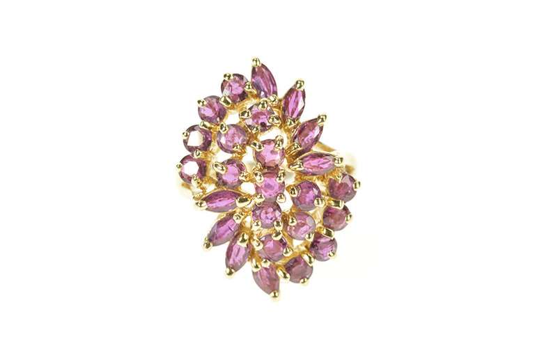 10K Yellow Gold Retro Ruby Cluster Cocktail Statement Ring