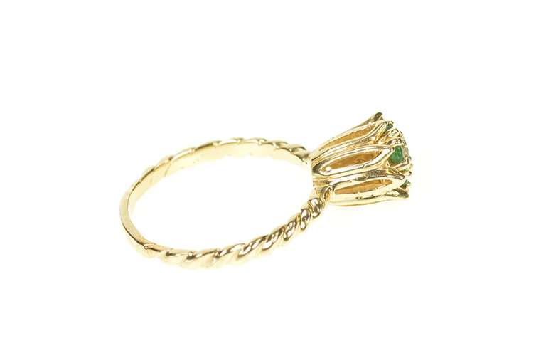 14K Yellow Gold 1960's Diamond Emerald Halo Flower Engagement Ring