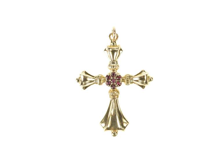 14K Yellow Gold Ornate Cross Garnet Cluster Christian Faith Pendant