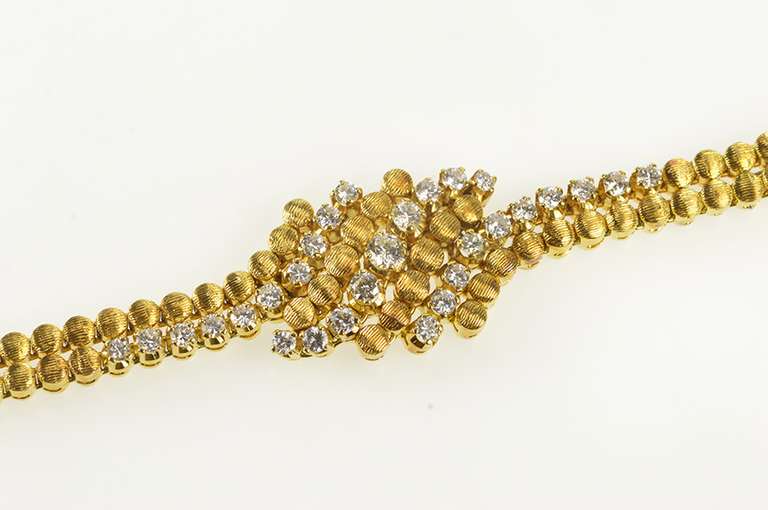 18K Yellow Gold 1940's Diamond Round Wave Link Statement Bracelet
