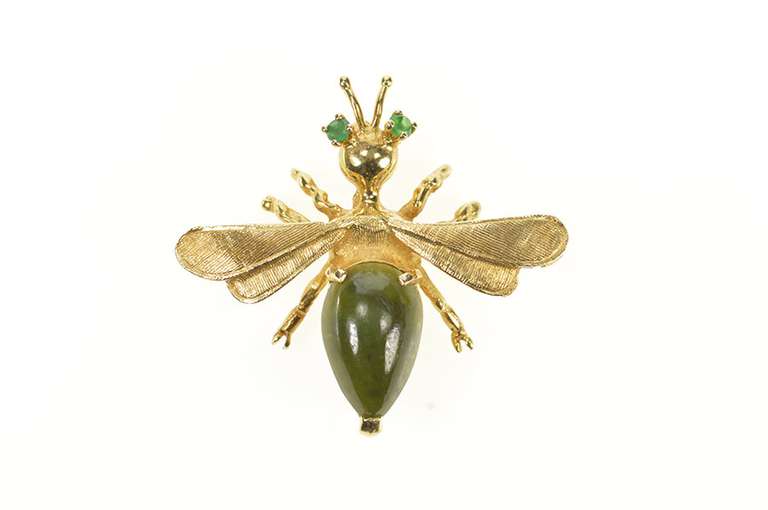 14K Yellow Gold Pear Nephrite Emerald Fly Bug Insect Retro Pin/Brooch