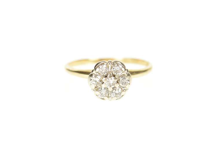 10K Yellow Gold Round Classic Diamond Cluster Statement Ring